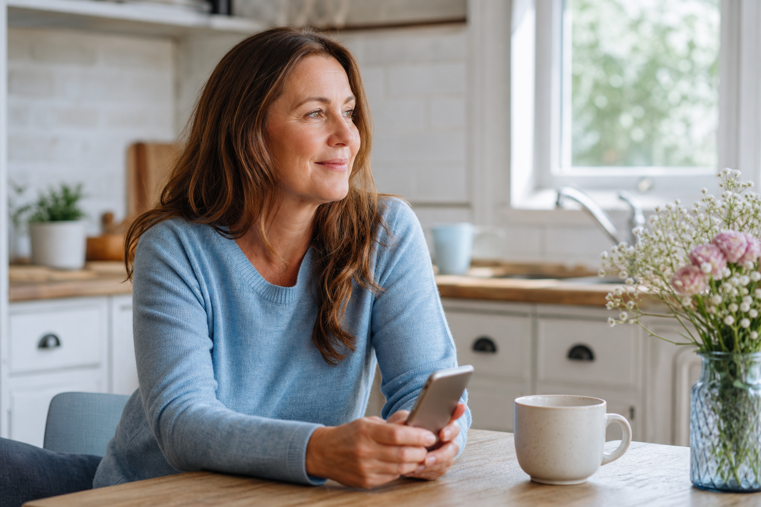 A woman standing in a bright kitchen, calm after finding a path forward.